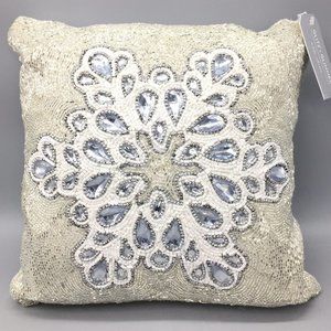 Glitz & Glimmer Christmas Beaded Silver Snowflake Throw Pillow Holiday Decor 14"